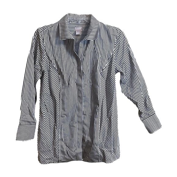 Chico's Top Size 0/2P Gray White Striped Tunic Long Sleeves Button Up Pockets - Picture 1 of 11